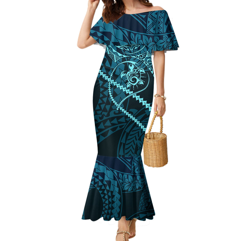 Chuuk Deep Into Truk Lagoon Family Matching Mermaid Dress and Hawaiian Shirt Polynesian Tribal Pattern Wreck Diving Teal Ship Art