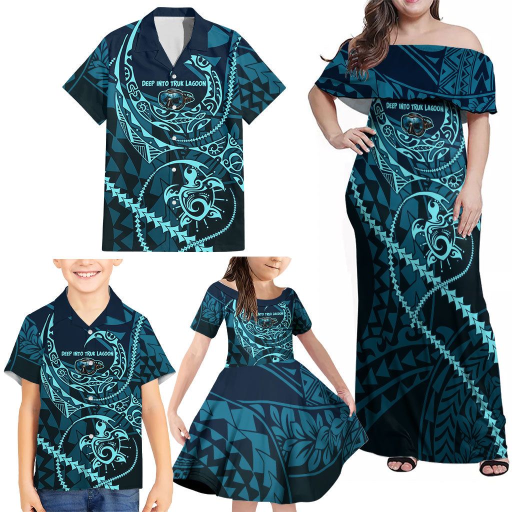 Chuuk Deep Into Truk Lagoon Family Matching Off Shoulder Maxi Dress and Hawaiian Shirt Polynesian Tribal Pattern Wreck Diving Teal Ship Art