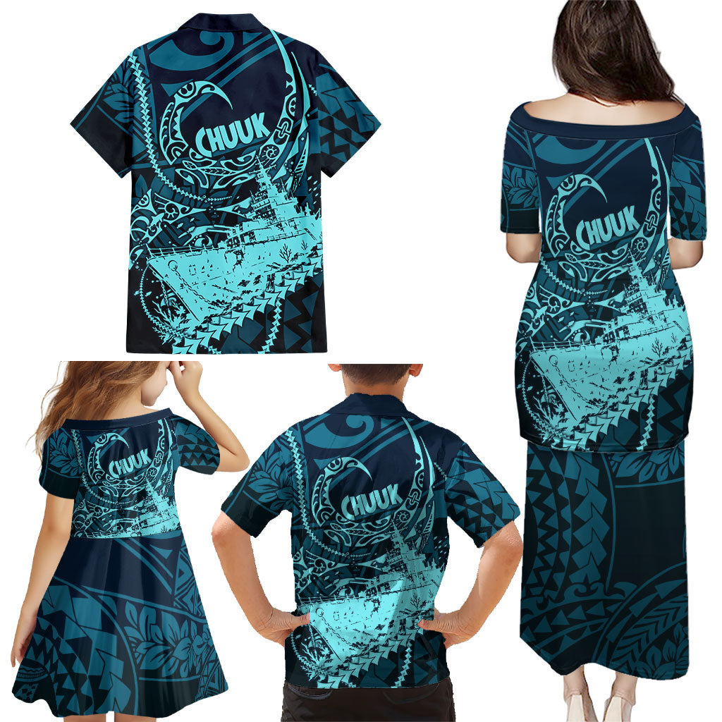 Chuuk Deep Into Truk Lagoon Family Matching Puletasi and Hawaiian Shirt Polynesian Tribal Pattern Wreck Diving Teal Ship Art