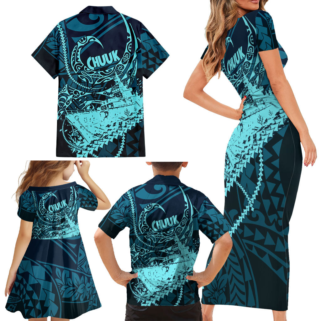 Chuuk Deep Into Truk Lagoon Family Matching Short Sleeve Bodycon Dress and Hawaiian Shirt Polynesian Tribal Pattern Wreck Diving Teal Ship Art
