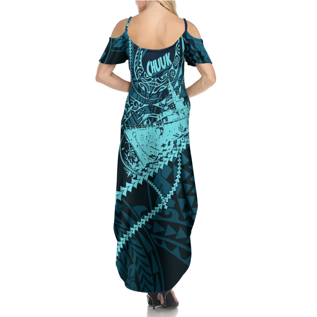 Chuuk Deep Into Truk Lagoon Family Matching Summer Maxi Dress and Hawaiian Shirt Polynesian Tribal Pattern Wreck Diving Teal Ship Art