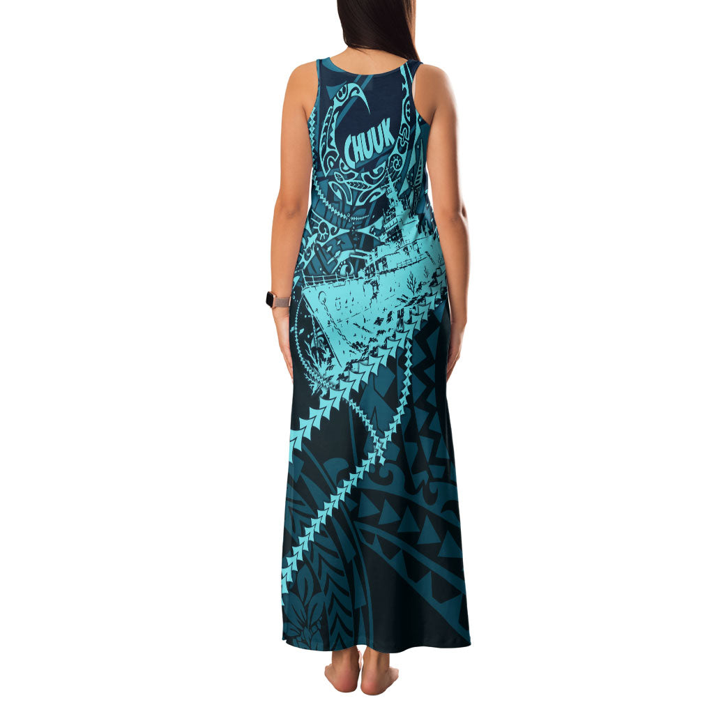 Chuuk Deep Into Truk Lagoon Family Matching Tank Maxi Dress and Hawaiian Shirt Polynesian Tribal Pattern Wreck Diving Teal Ship Art