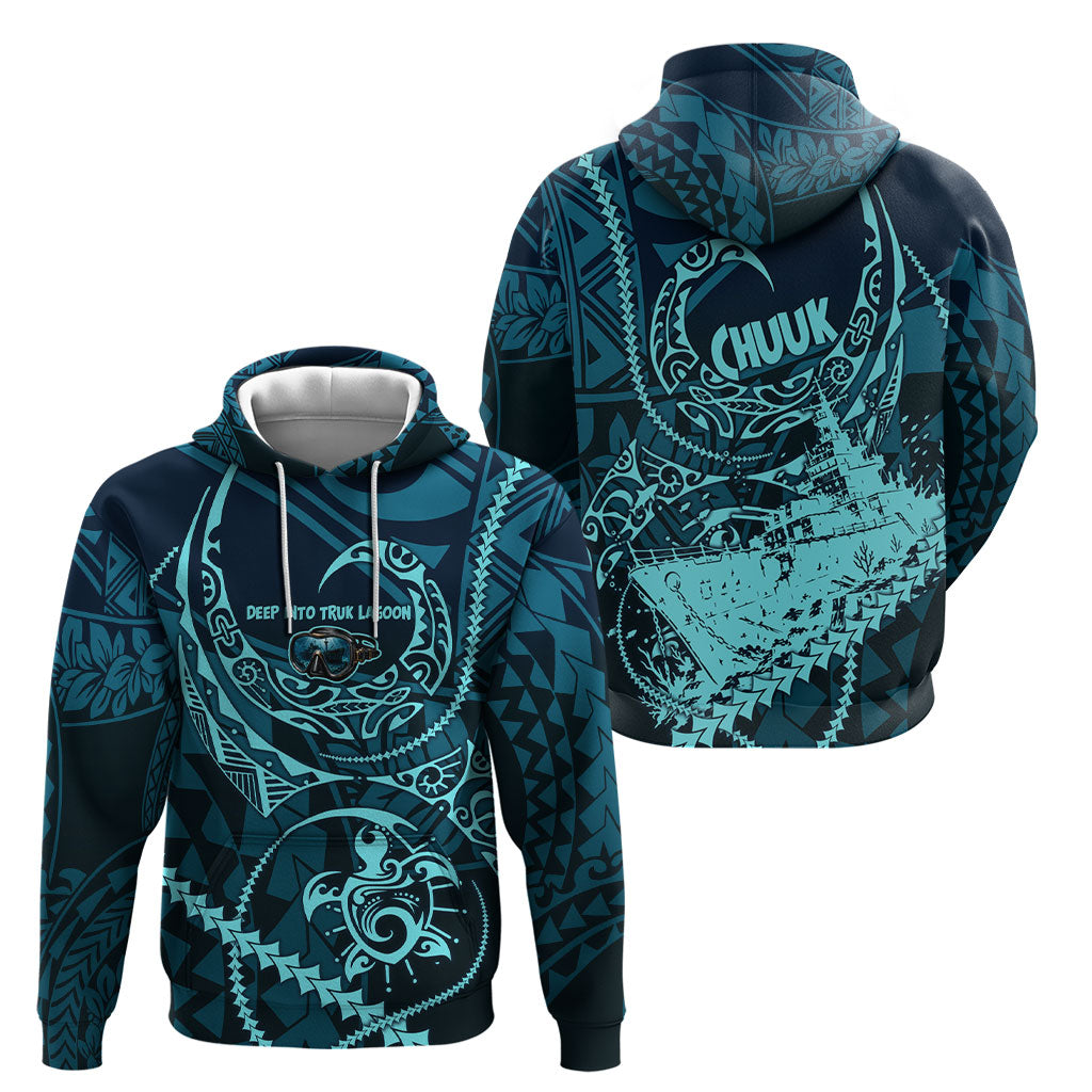 Chuuk Deep Into Truk Lagoon Hoodie Polynesian Tribal Pattern Wreck Diving Teal Ship Art