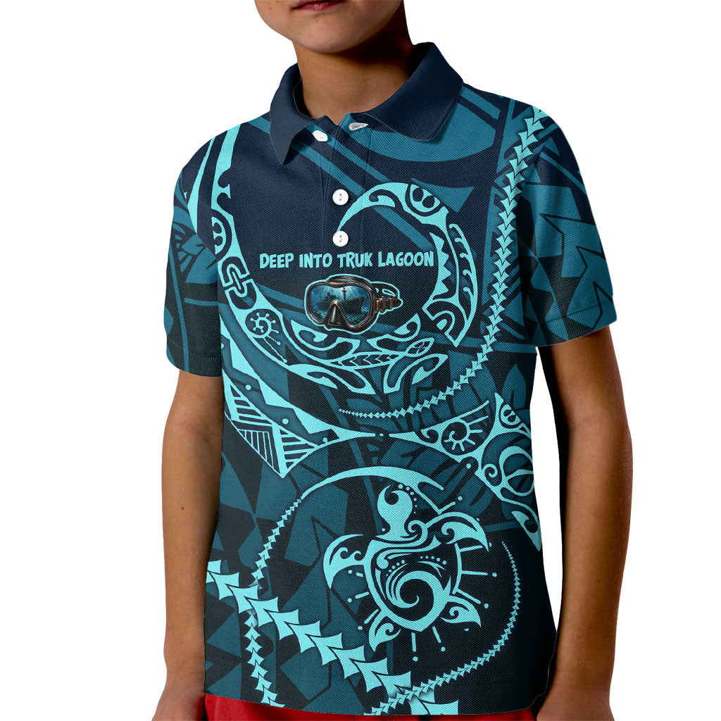 Chuuk Deep Into Truk Lagoon Kid Polo Shirt Polynesian Tribal Pattern Wreck Diving Teal Ship Art
