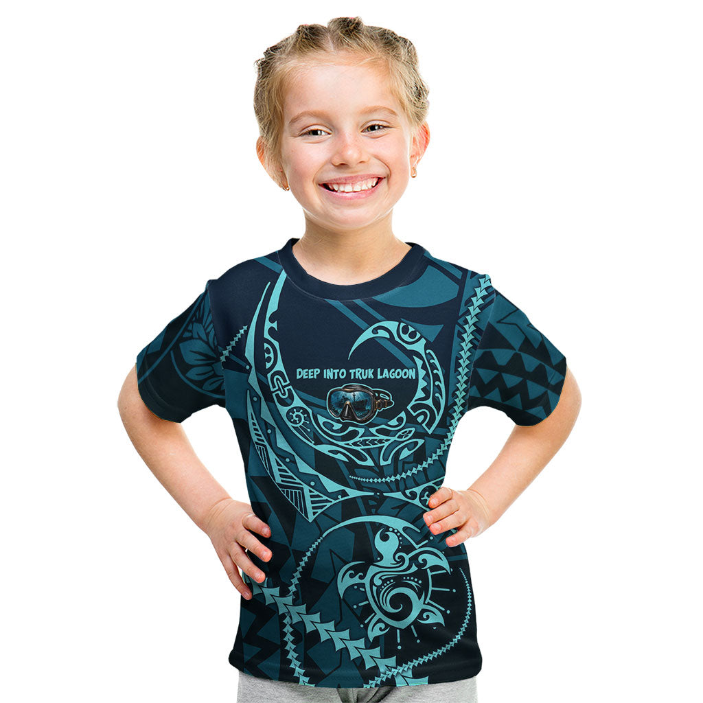Chuuk Deep Into Truk Lagoon Kid T Shirt Polynesian Tribal Pattern Wreck Diving Teal Ship Art