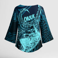 Chuuk Deep Into Truk Lagoon Kimono Sleeve Blouse Polynesian Tribal Pattern Wreck Diving Teal Ship Art