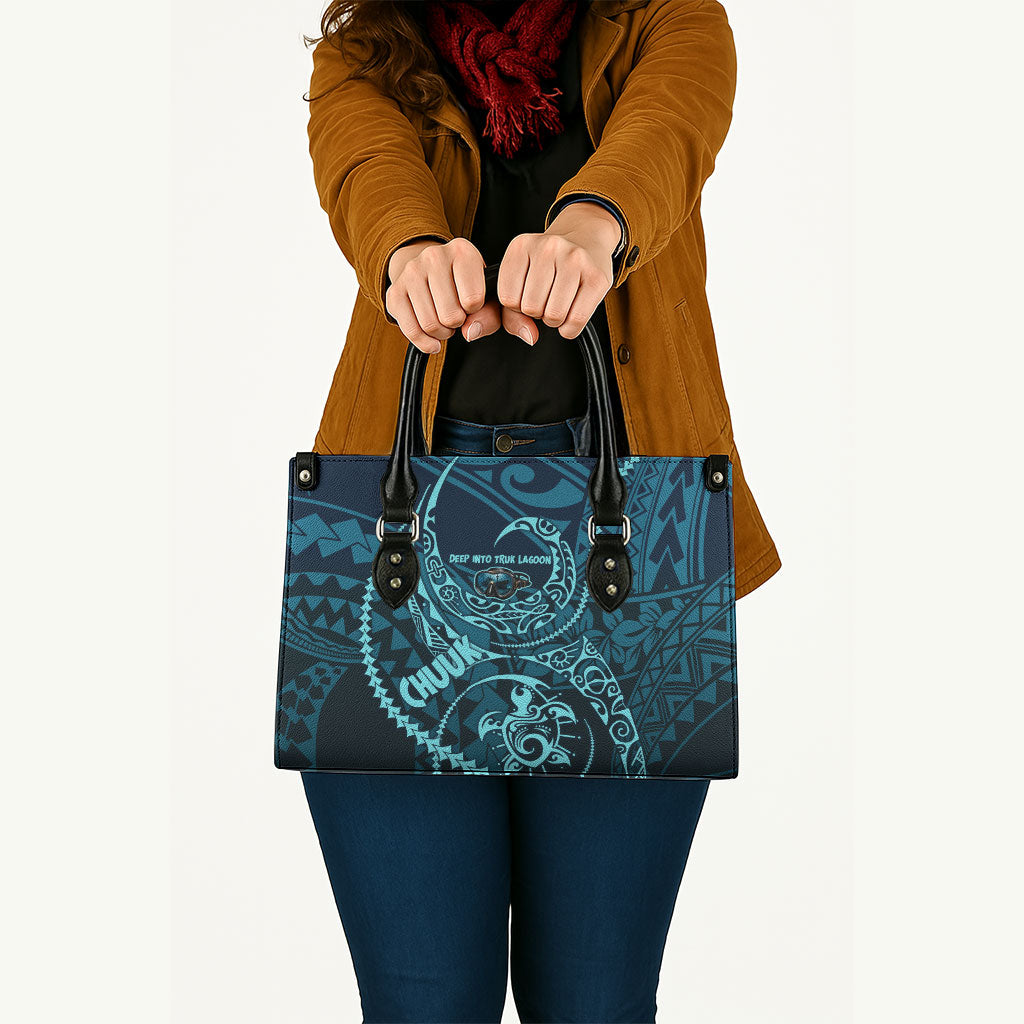 Chuuk Deep Into Truk Lagoon Leather Bag Polynesian Tribal Pattern Wreck Diving Teal Ship Art