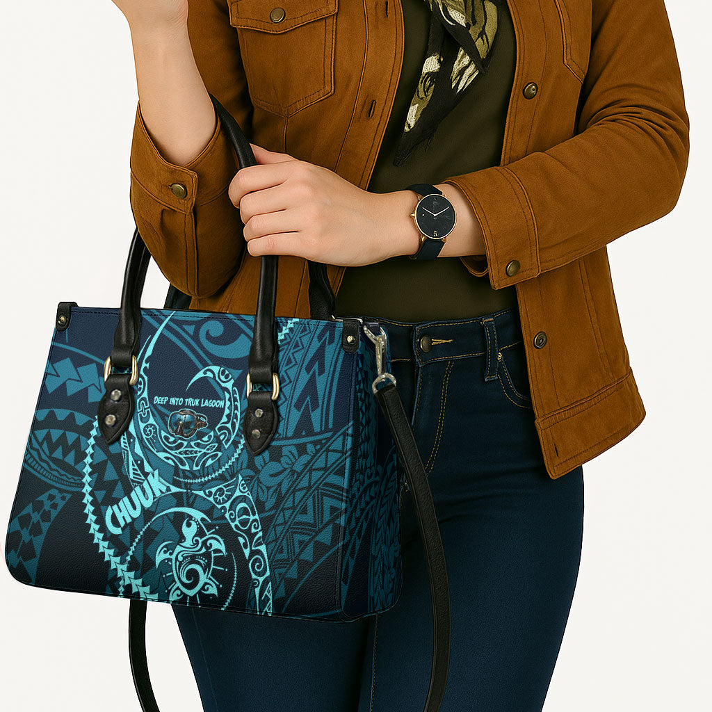 Chuuk Deep Into Truk Lagoon Leather Bag Polynesian Tribal Pattern Wreck Diving Teal Ship Art