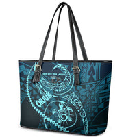 Chuuk Deep Into Truk Lagoon Leather Tote Bag Polynesian Tribal Pattern Wreck Diving Teal Ship Art