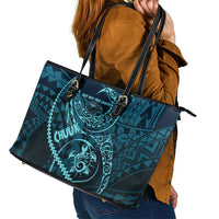 Chuuk Deep Into Truk Lagoon Leather Tote Bag Polynesian Tribal Pattern Wreck Diving Teal Ship Art