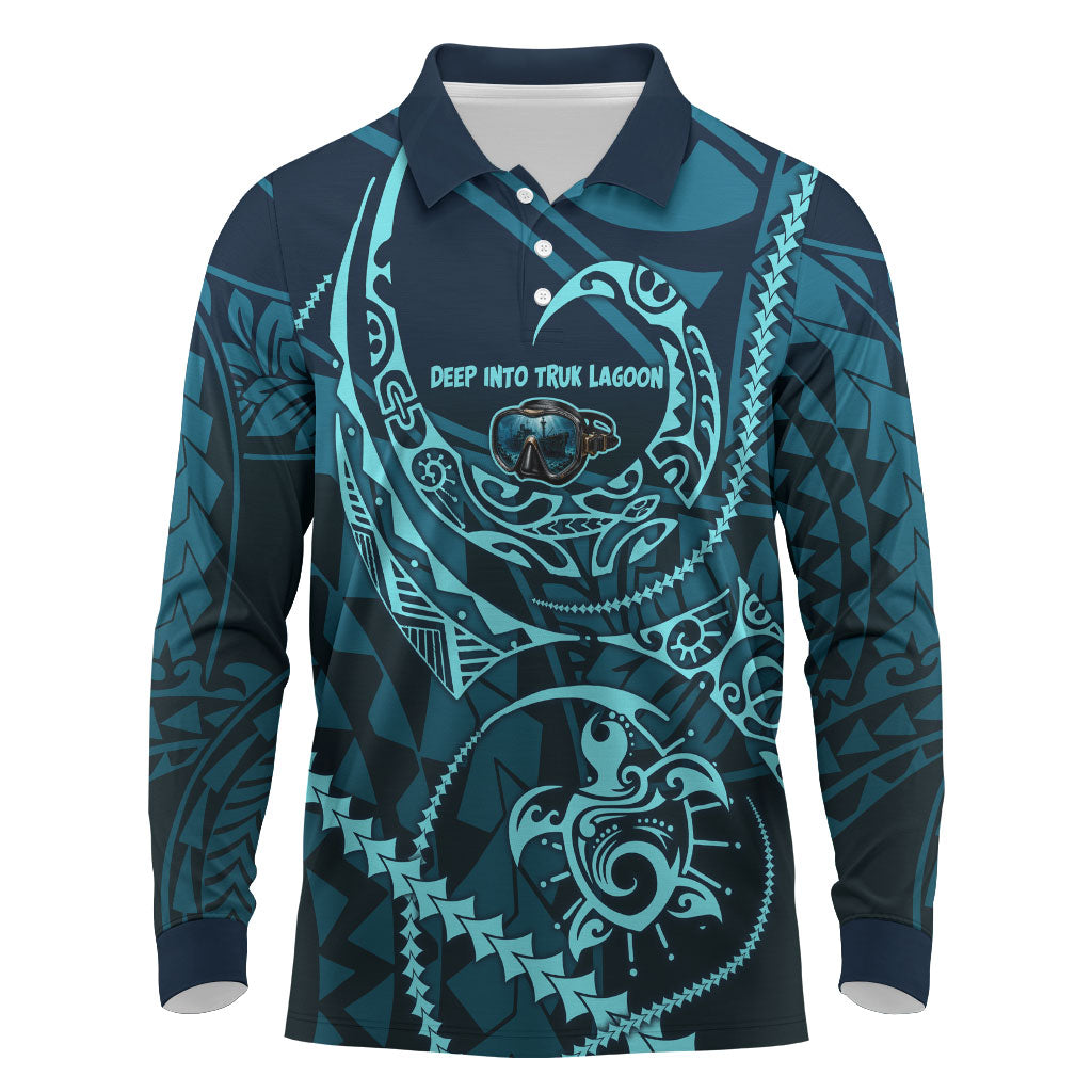Chuuk Deep Into Truk Lagoon Long Sleeve Polo Shirt Polynesian Tribal Pattern Wreck Diving Teal Ship Art