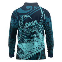 Chuuk Deep Into Truk Lagoon Long Sleeve Polo Shirt Polynesian Tribal Pattern Wreck Diving Teal Ship Art