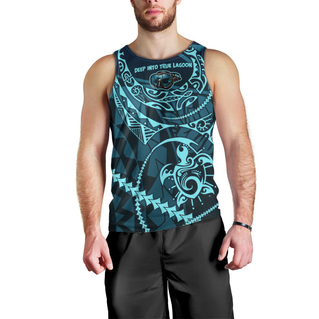 Chuuk Deep Into Truk Lagoon Men Tank Top Polynesian Tribal Pattern Wreck Diving Teal Ship Art