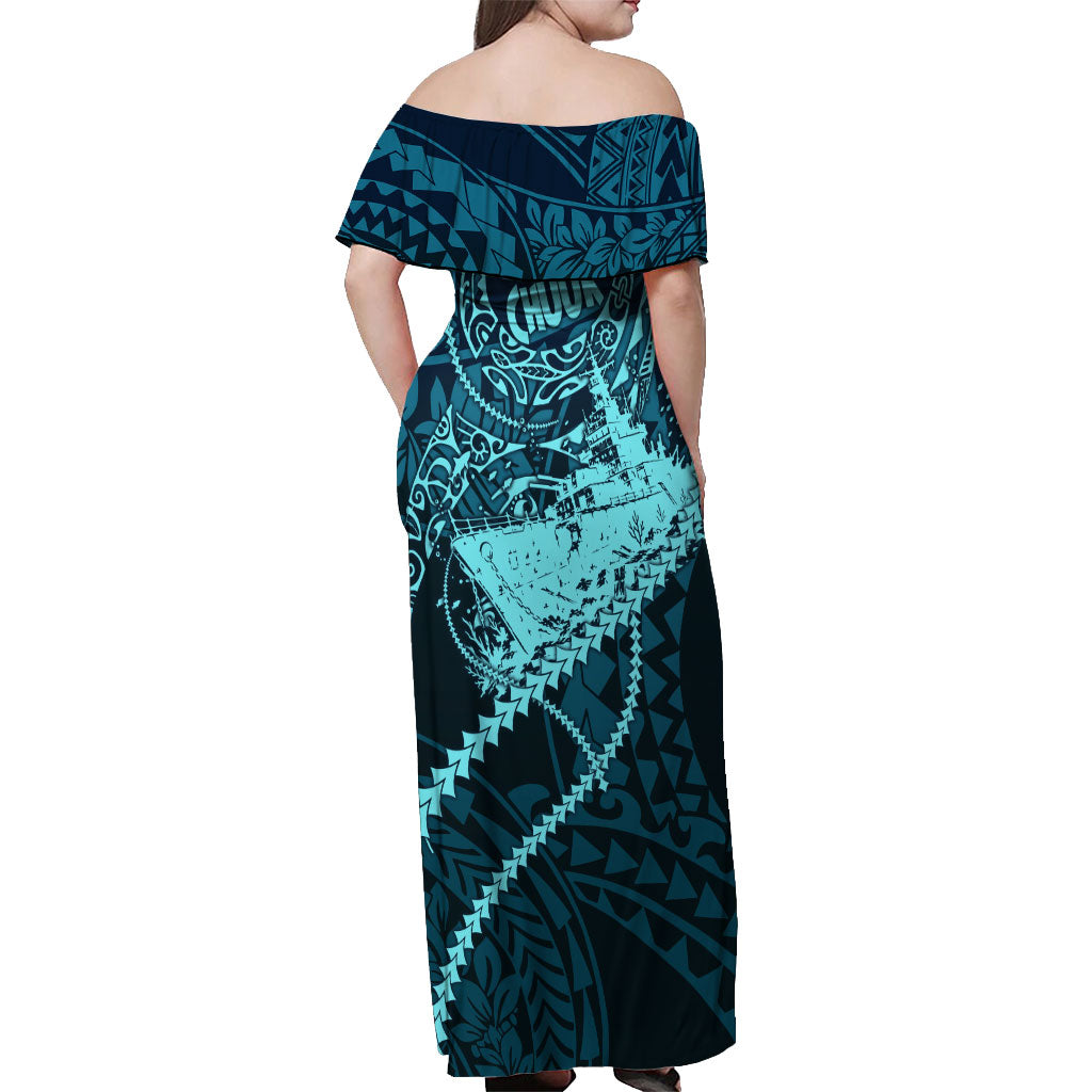 Chuuk Deep Into Truk Lagoon Off Shoulder Maxi Dress Polynesian Tribal Pattern Wreck Diving Teal Ship Art