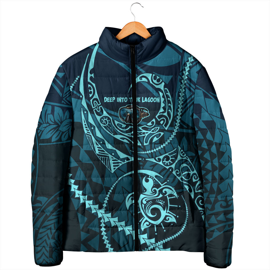 Chuuk Deep Into Truk Lagoon Padded Jacket Polynesian Tribal Pattern Wreck Diving Teal Ship Art