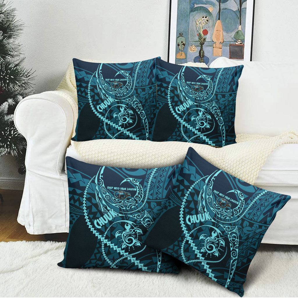 Chuuk Deep Into Truk Lagoon Pillow Cover Polynesian Tribal Pattern Wreck Diving Teal Ship Art