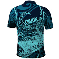 Chuuk Deep Into Truk Lagoon Polo Shirt Polynesian Tribal Pattern Wreck Diving Teal Ship Art