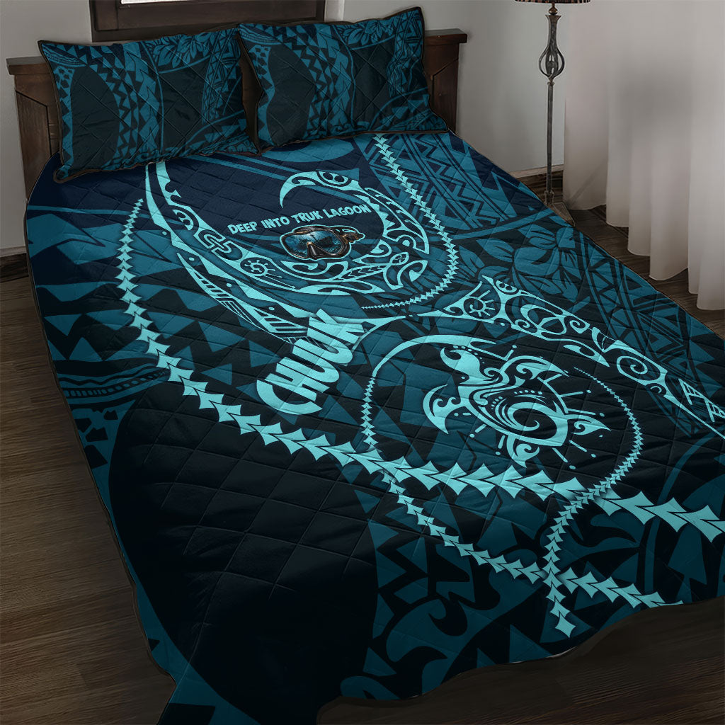 Chuuk Deep Into Truk Lagoon Quilt Bed Set Polynesian Tribal Pattern Wreck Diving Teal Ship Art