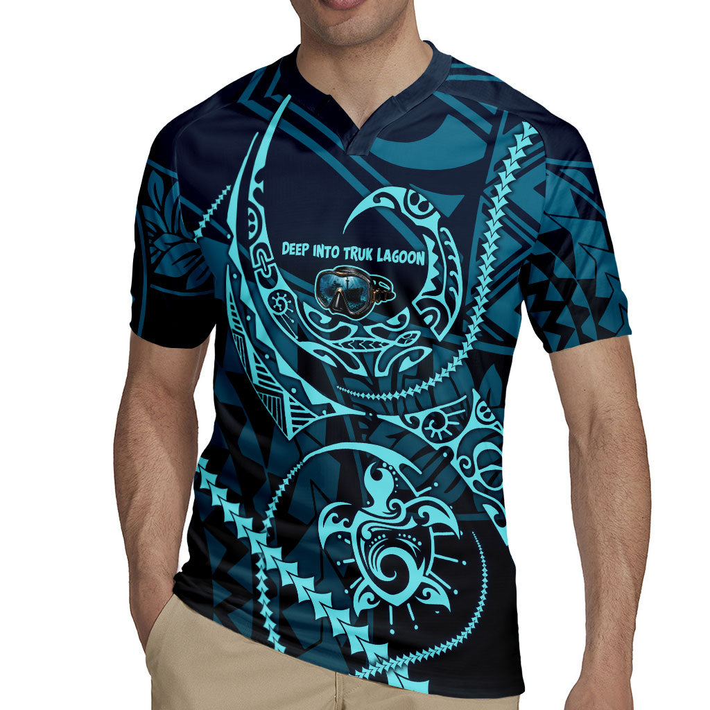 Chuuk Deep Into Truk Lagoon Rugby Jersey Polynesian Tribal Pattern Wreck Diving Teal Ship Art