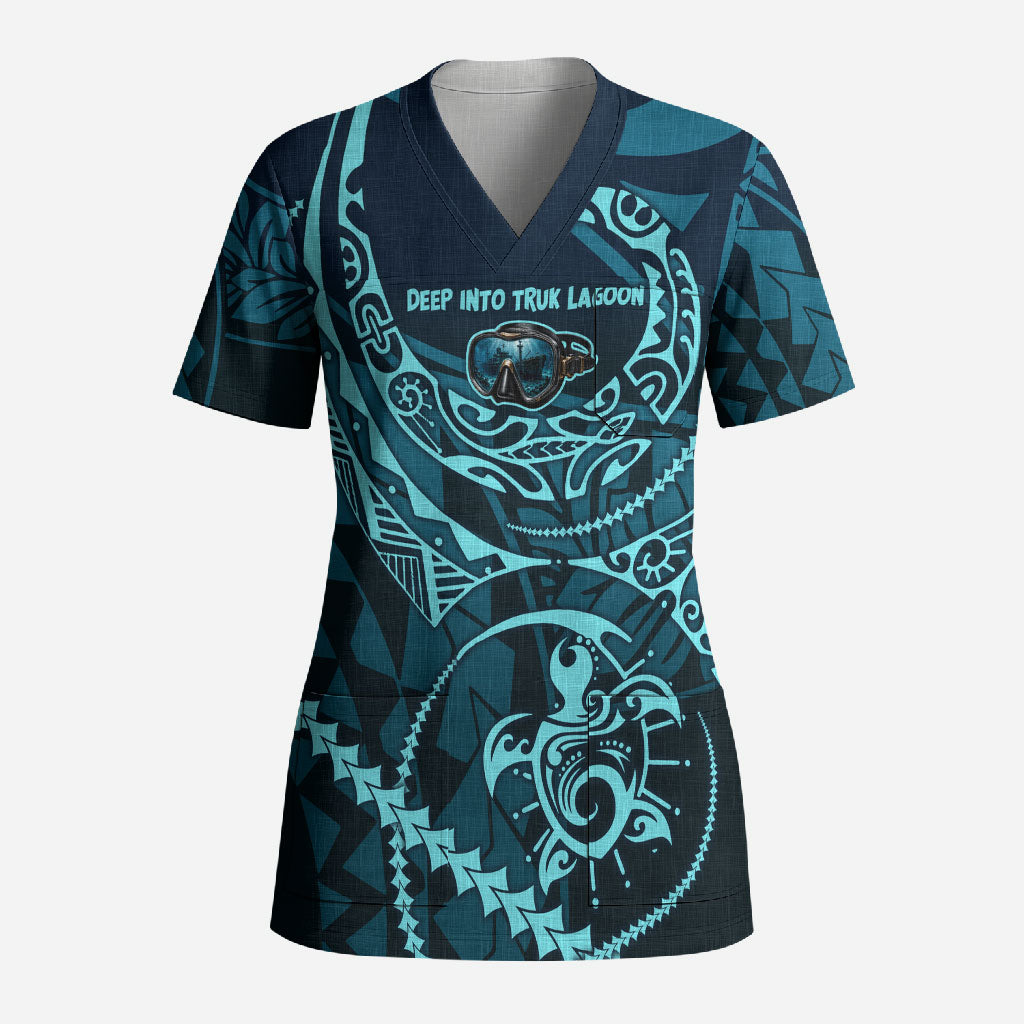 Chuuk Deep Into Truk Lagoon Scrub Top Polynesian Tribal Pattern Wreck Diving Teal Ship Art