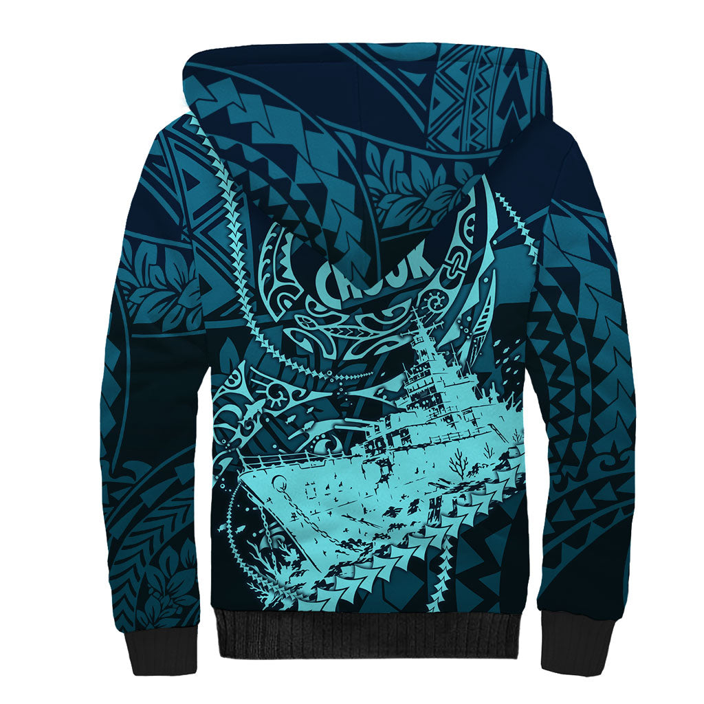 Chuuk Deep Into Truk Lagoon Sherpa Hoodie Polynesian Tribal Pattern Wreck Diving Teal Ship Art
