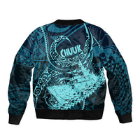 Chuuk Deep Into Truk Lagoon Sleeve Zip Bomber Jacket Polynesian Tribal Pattern Wreck Diving Teal Ship Art