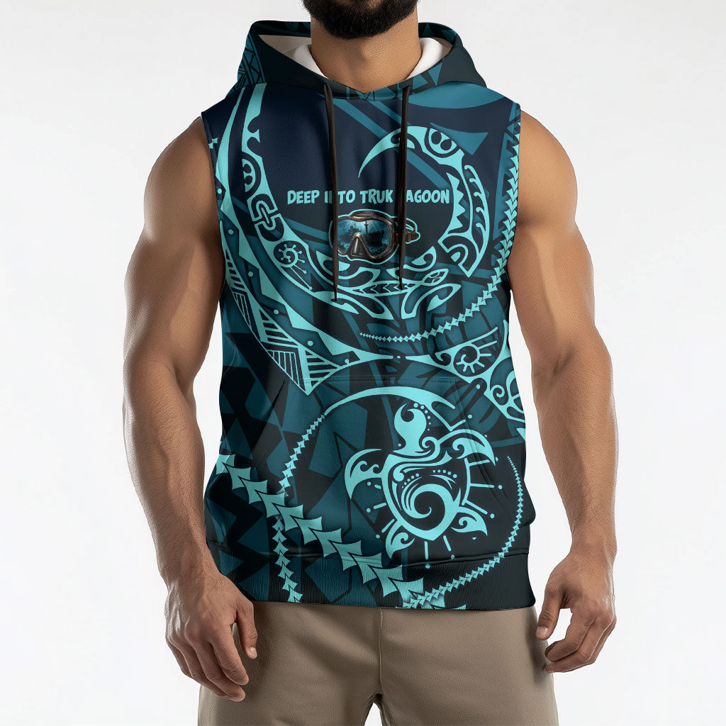 Chuuk Deep Into Truk Lagoon Sleeveless Hoodie Polynesian Tribal Pattern Wreck Diving Teal Ship Art