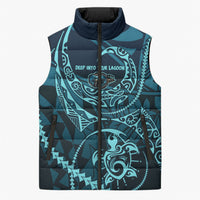 Chuuk Deep Into Truk Lagoon Sleeveless Puffer Jacket Polynesian Tribal Pattern Wreck Diving Teal Ship Art