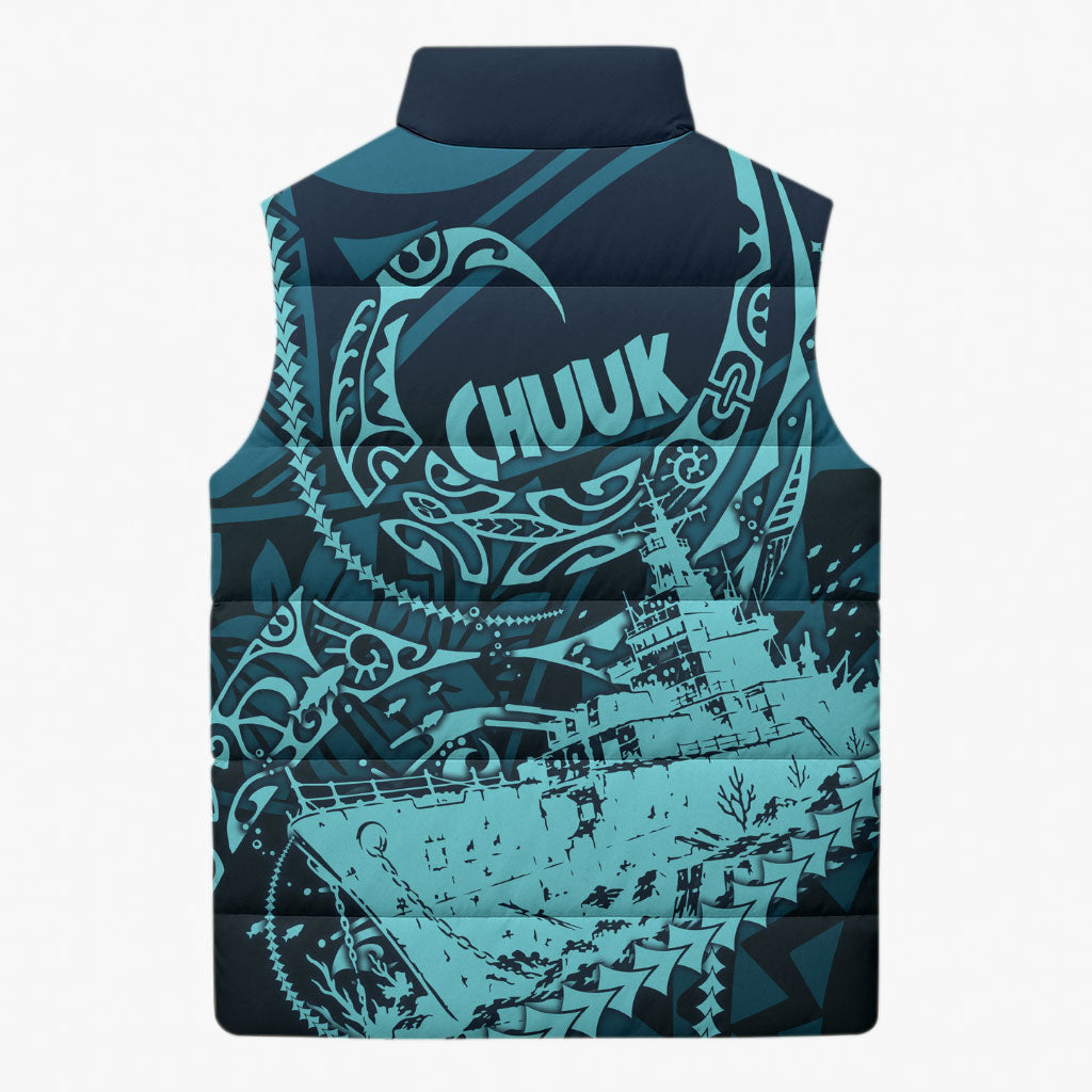 Chuuk Deep Into Truk Lagoon Sleeveless Puffer Jacket Polynesian Tribal Pattern Wreck Diving Teal Ship Art