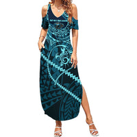 Chuuk Deep Into Truk Lagoon Summer Maxi Dress Polynesian Tribal Pattern Wreck Diving Teal Ship Art