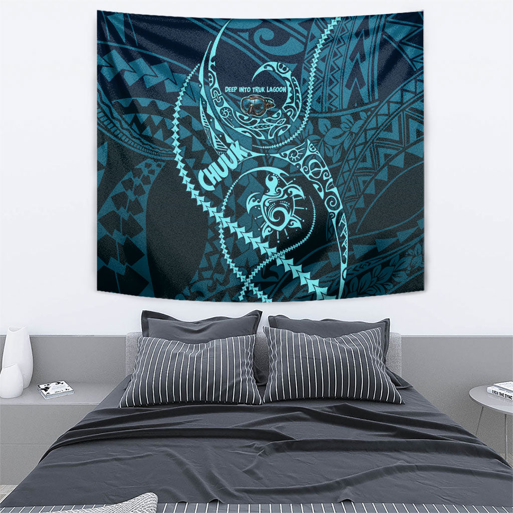 Chuuk Deep Into Truk Lagoon Tapestry Polynesian Tribal Pattern Wreck Diving Teal Ship Art