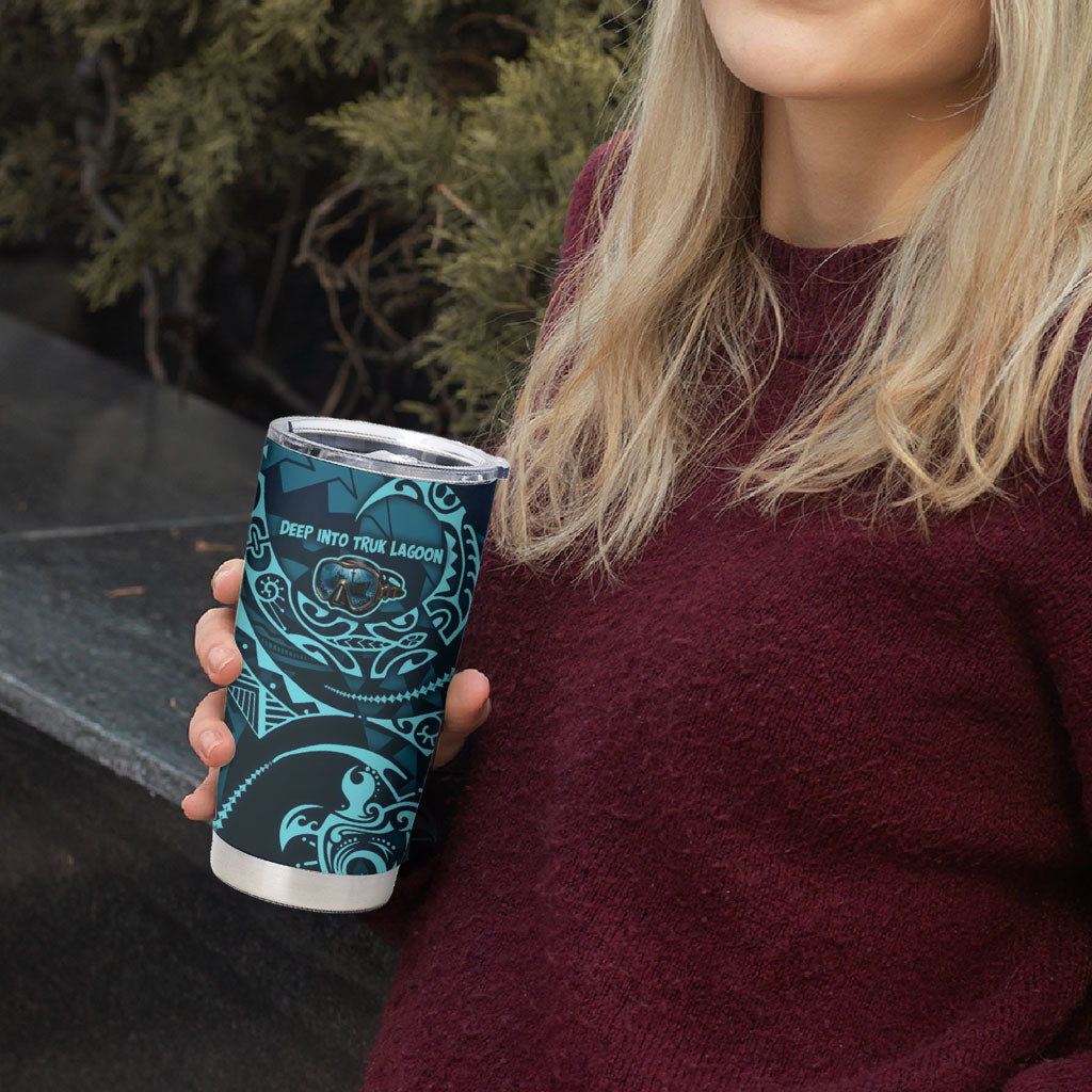 Chuuk Deep Into Truk Lagoon Tumbler Cup Polynesian Tribal Pattern Wreck Diving Teal Ship Art