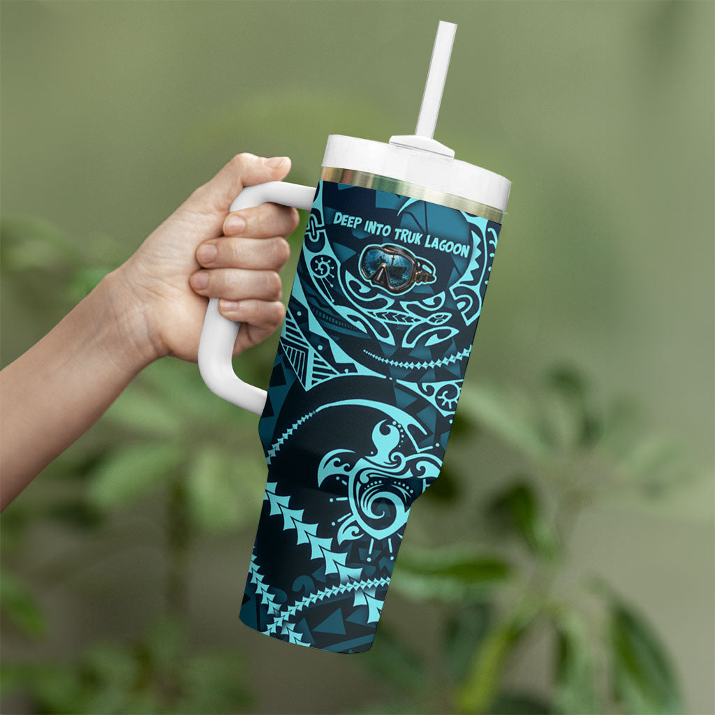 Chuuk Deep Into Truk Lagoon Tumbler With Handle Polynesian Tribal Pattern Wreck Diving Teal Ship Art