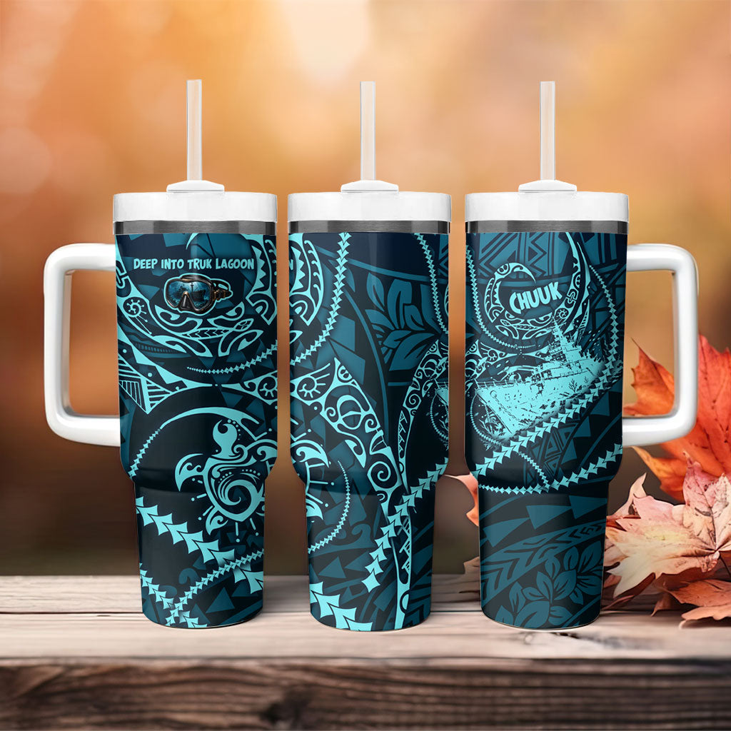 Chuuk Deep Into Truk Lagoon Tumbler With Handle Polynesian Tribal Pattern Wreck Diving Teal Ship Art