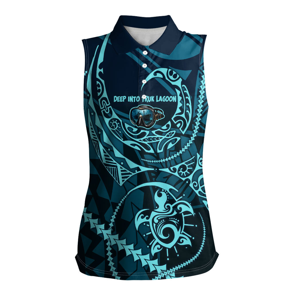 Chuuk Deep Into Truk Lagoon Women Sleeveless Polo Shirt Polynesian Tribal Pattern Wreck Diving Teal Ship Art