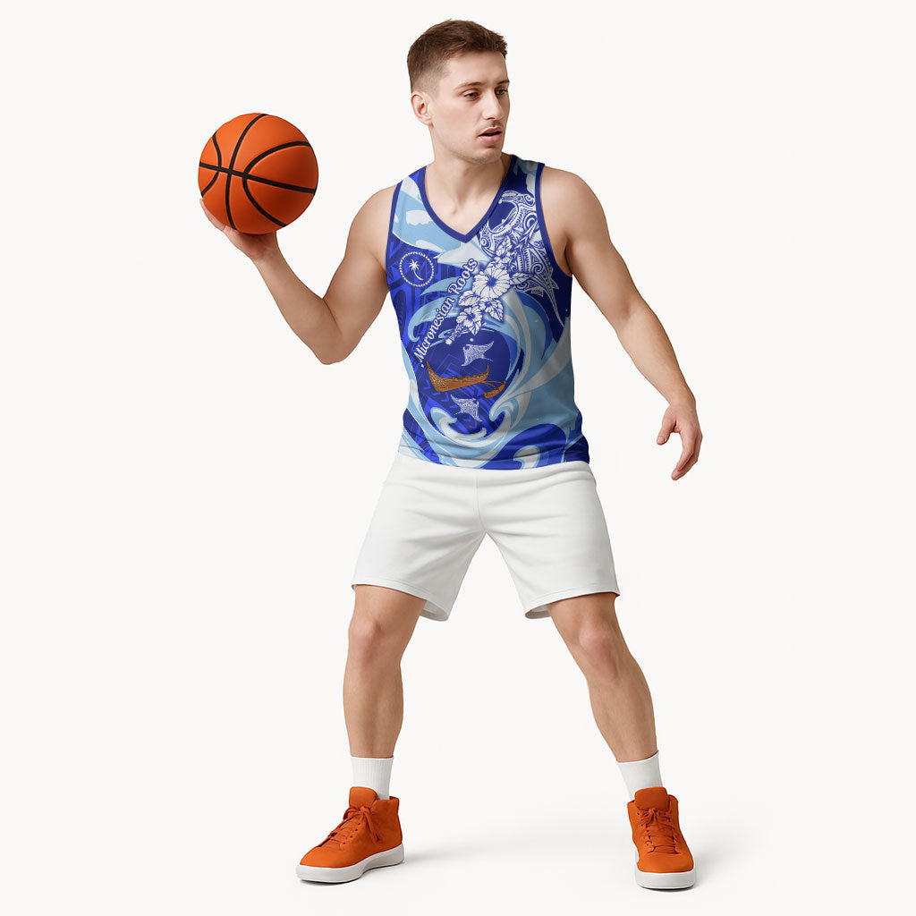 Chuuk Micronesian Roots Basketball Jersey Polynesian Tribal Pattern Hibiscus Flower And Stingray Art