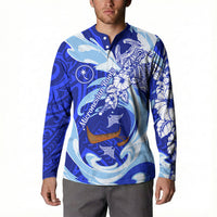 Chuuk Micronesian Roots Button Sweatshirt Polynesian Tribal Pattern Hibiscus Flower And Stingray Art
