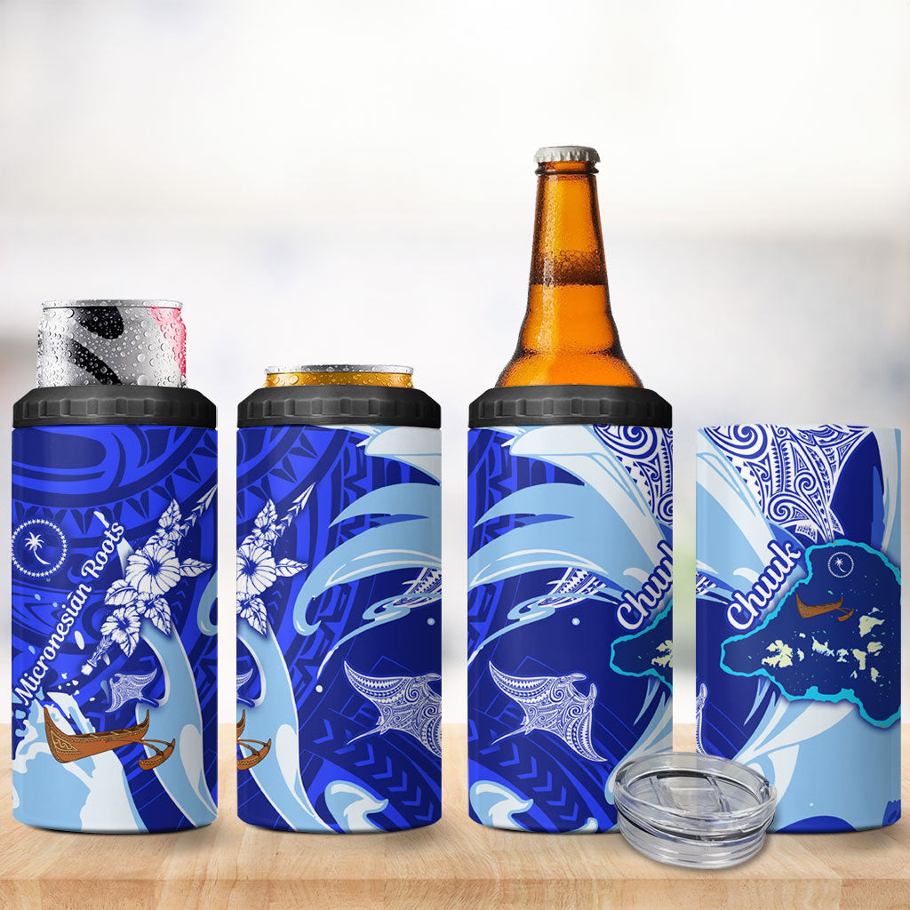 Chuuk Micronesian Roots 4 in 1 Can Cooler Tumbler Polynesian Tribal Pattern Hibiscus Flower And Stingray Art