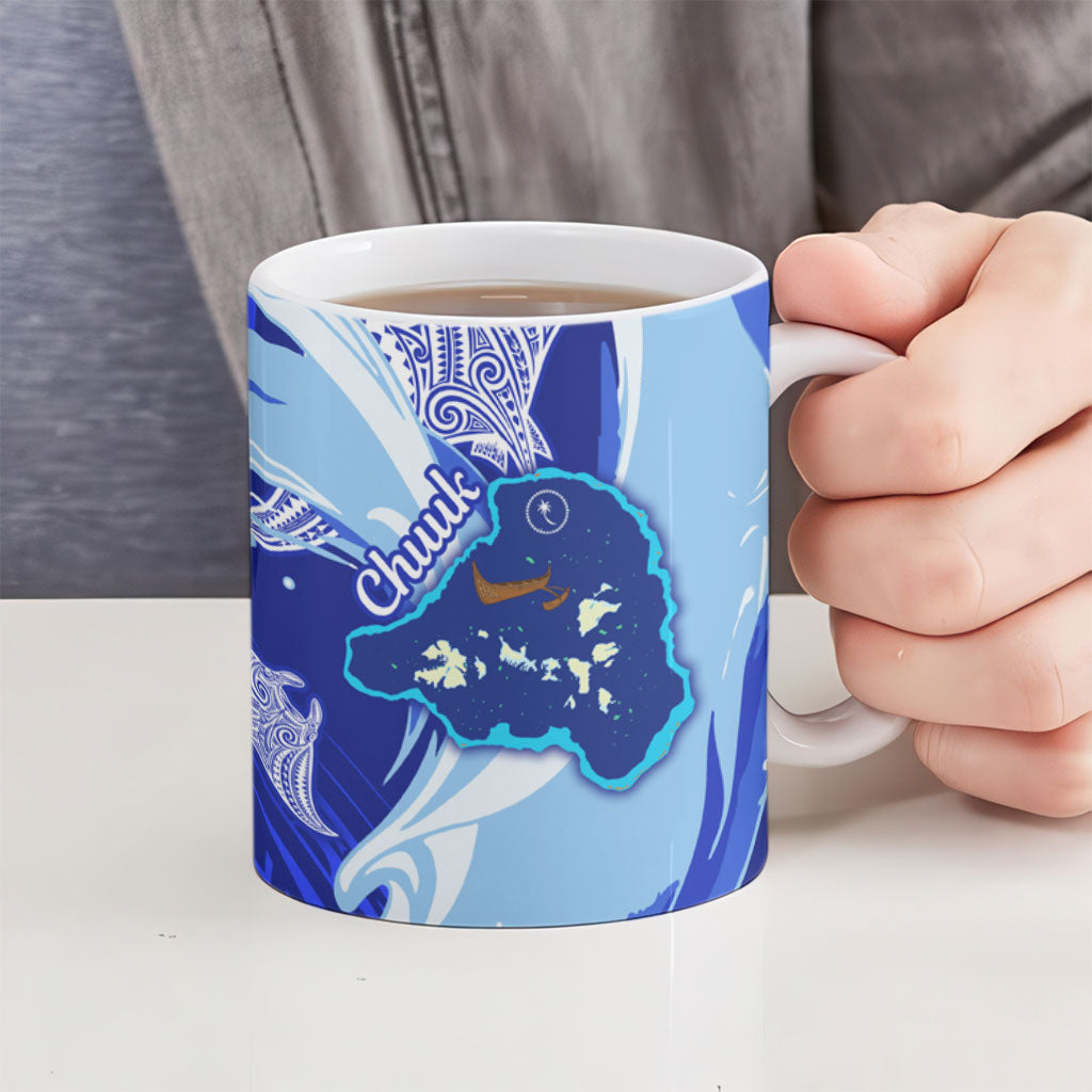 Chuuk Micronesian Roots Ceramic Mug Polynesian Tribal Pattern Hibiscus Flower And Stingray Art