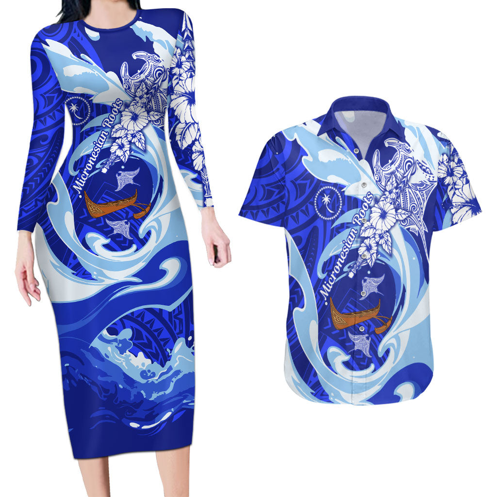 Chuuk Micronesian Roots Couples Matching Long Sleeve Bodycon Dress and Hawaiian Shirt Polynesian Tribal Pattern Hibiscus Flower And Stingray Art