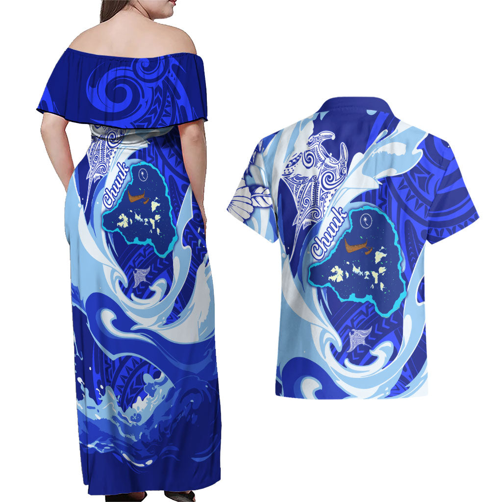 Chuuk Micronesian Roots Couples Matching Off Shoulder Maxi Dress and Hawaiian Shirt Polynesian Tribal Pattern Hibiscus Flower And Stingray Art