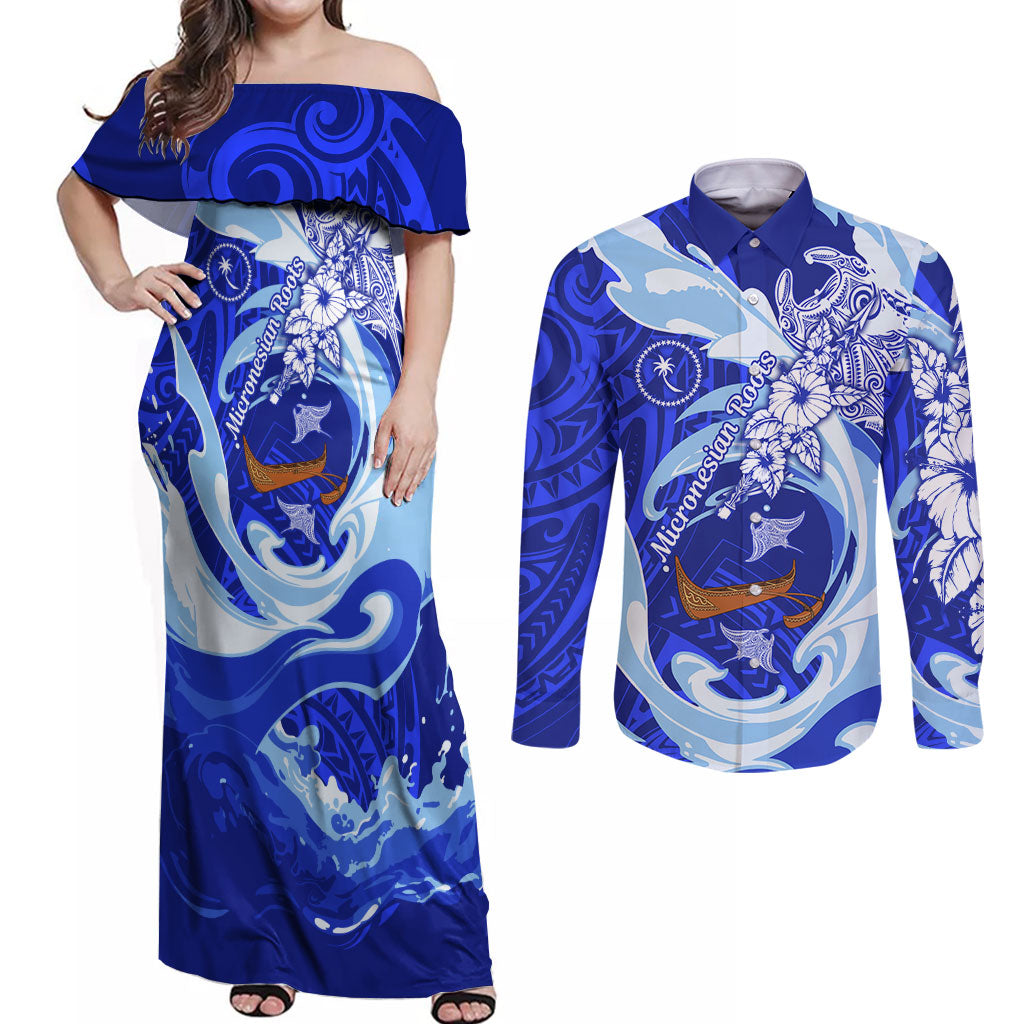 Chuuk Micronesian Roots Couples Matching Off Shoulder Maxi Dress and Long Sleeve Button Shirt Polynesian Tribal Pattern Hibiscus Flower And Stingray Art