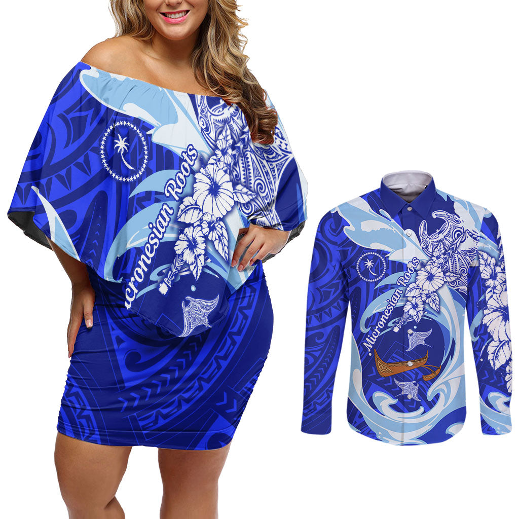 Chuuk Micronesian Roots Couples Matching Off Shoulder Short Dress and Long Sleeve Button Shirt Polynesian Tribal Pattern Hibiscus Flower And Stingray Art