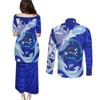 Chuuk Micronesian Roots Couples Matching Puletasi and Long Sleeve Button Shirt Polynesian Tribal Pattern Hibiscus Flower And Stingray Art