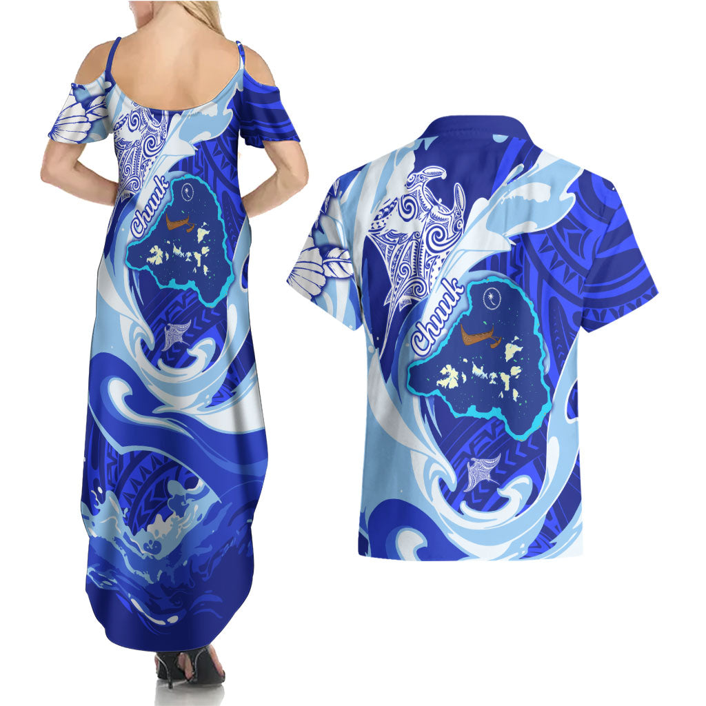 Chuuk Micronesian Roots Couples Matching Summer Maxi Dress and Hawaiian Shirt Polynesian Tribal Pattern Hibiscus Flower And Stingray Art