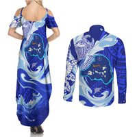Chuuk Micronesian Roots Couples Matching Summer Maxi Dress and Long Sleeve Button Shirt Polynesian Tribal Pattern Hibiscus Flower And Stingray Art