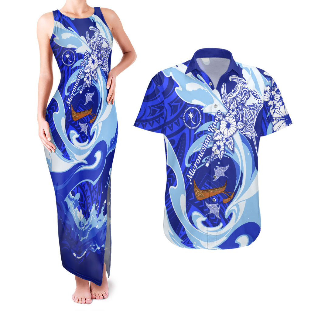 Chuuk Micronesian Roots Couples Matching Tank Maxi Dress and Hawaiian Shirt Polynesian Tribal Pattern Hibiscus Flower And Stingray Art