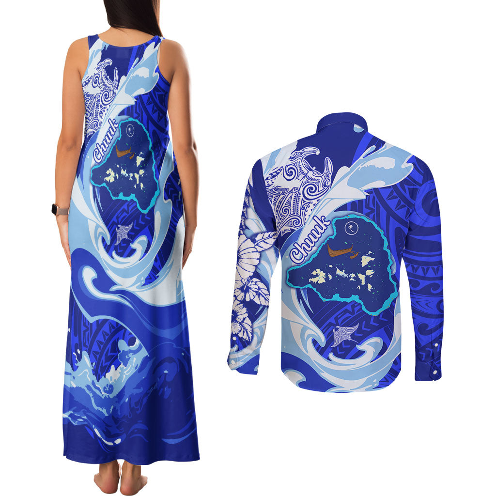 Chuuk Micronesian Roots Couples Matching Tank Maxi Dress and Long Sleeve Button Shirt Polynesian Tribal Pattern Hibiscus Flower And Stingray Art