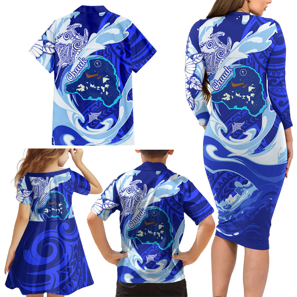 Chuuk Micronesian Roots Family Matching Long Sleeve Bodycon Dress and Hawaiian Shirt Polynesian Tribal Pattern Hibiscus Flower And Stingray Art