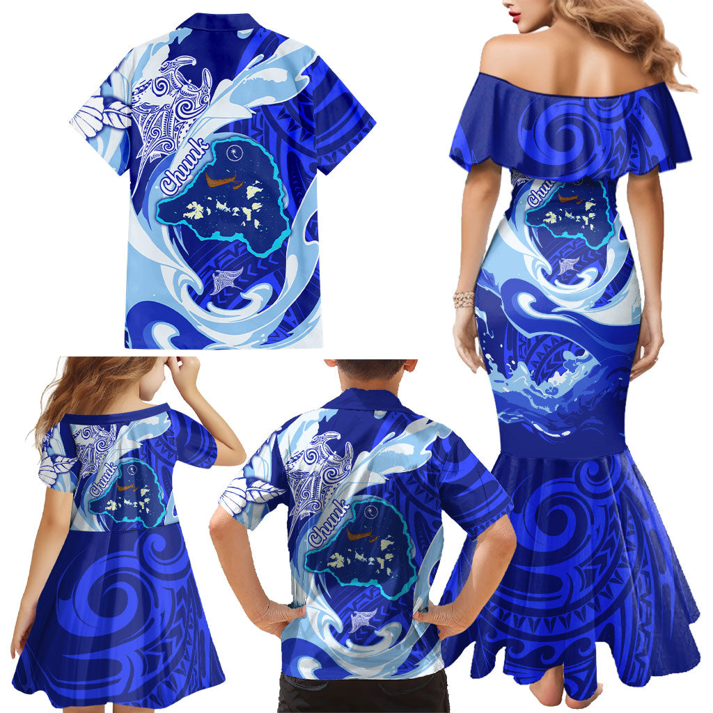 Chuuk Micronesian Roots Family Matching Mermaid Dress and Hawaiian Shirt Polynesian Tribal Pattern Hibiscus Flower And Stingray Art